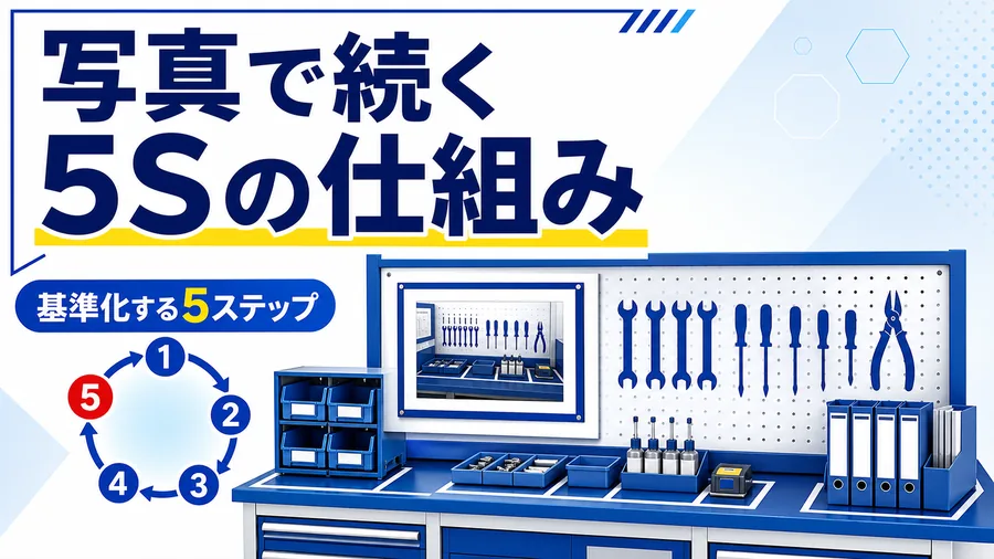 基準写真に沿って整えられた作業台のイラストと「写真で続く5Sの仕組み」「基準化する5ステップ」のコピーを示したサムネイル
