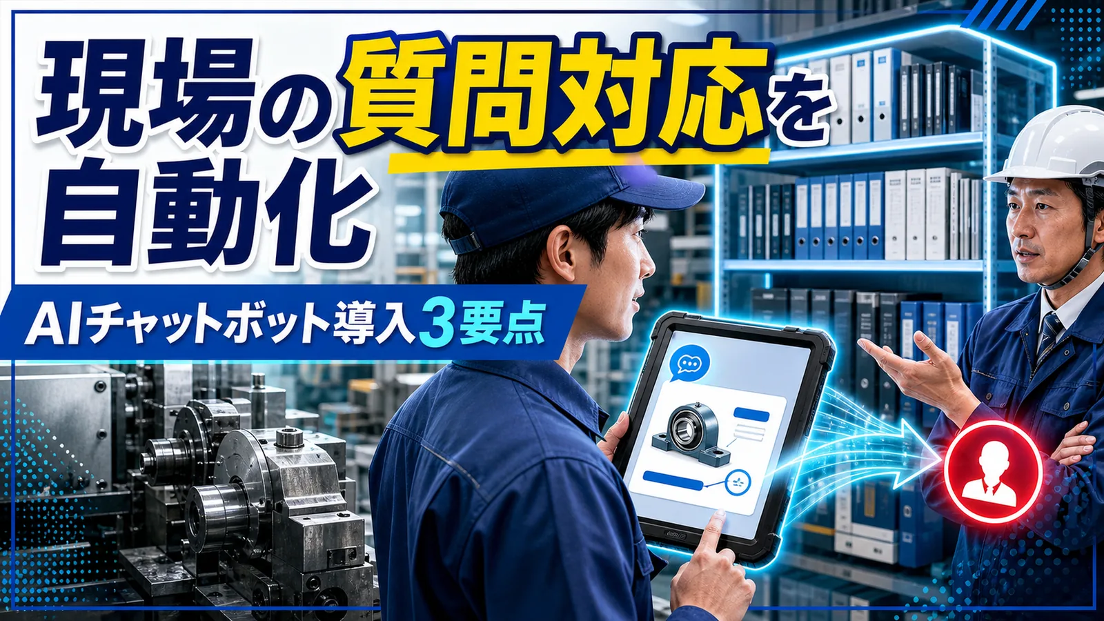 現場のタブレットからAIチャットボットに部品仕様を質問している場面のイラスト