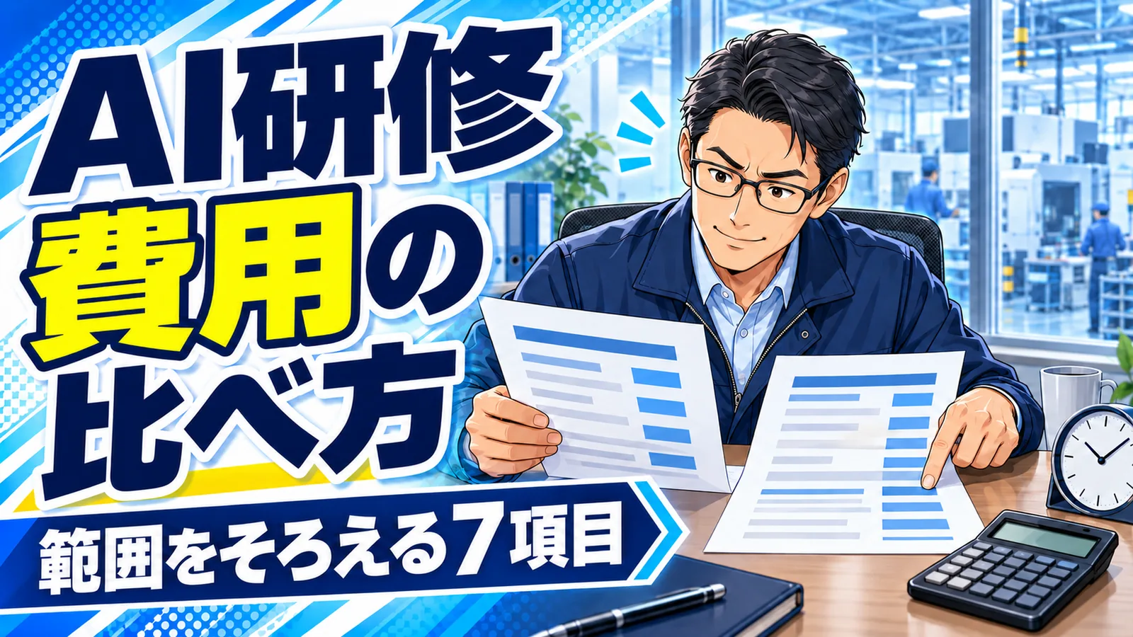 製造業の経営者が机上の見積書を照らし合わせ、AI研修の費用と範囲を比較するイメージイラスト