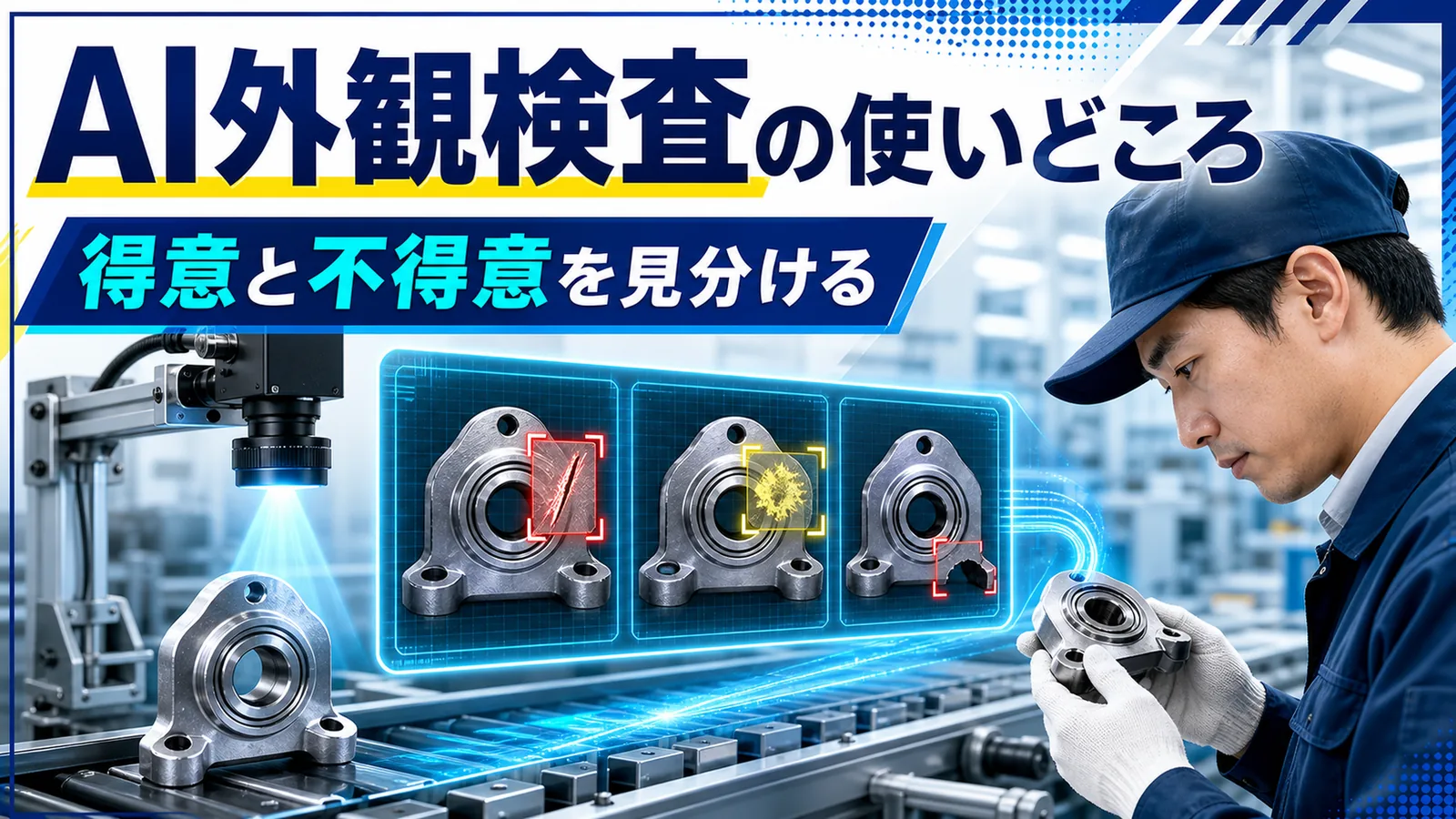 カメラで撮影した製品画像をAIが判定し、検査員が最終確認する外観検査の流れの図解