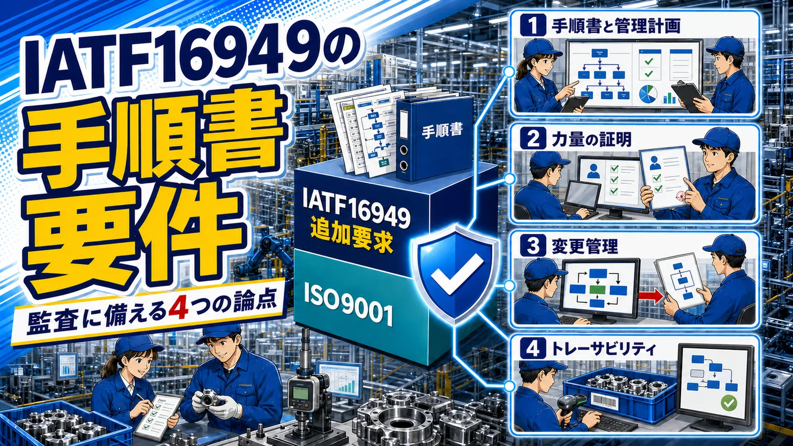 ISO9001を土台にIATF16949の追加要求が積み重なる構造と、手順書・教育記録の要点を示した図解