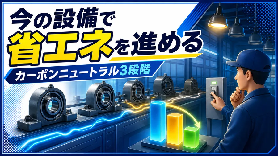 設備別のエネルギー使用量を可視化したグラフと、待機時の稼働を止める現場の様子を並べた図解