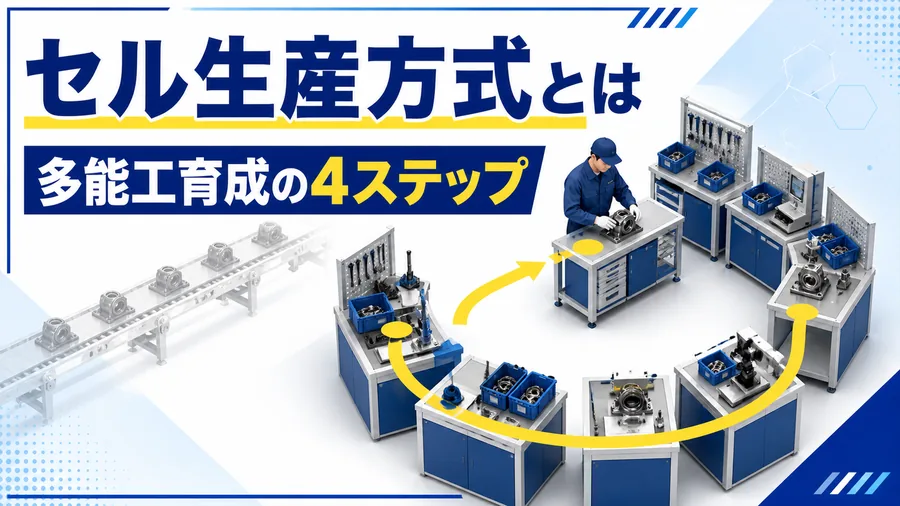 U字型のセルで1人の作業者が組立から検査までを担当する工程配置の図解