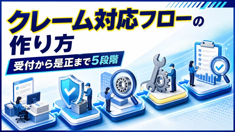 受付・初期対応・原因究明・是正処置・効果確認と続くクレーム対応の流れ図