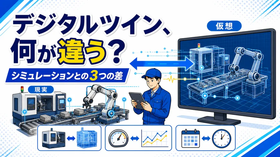 現実の生産ラインとコンピュータ上のモデルがデータでリアルタイムに同期するデジタルツインの図解