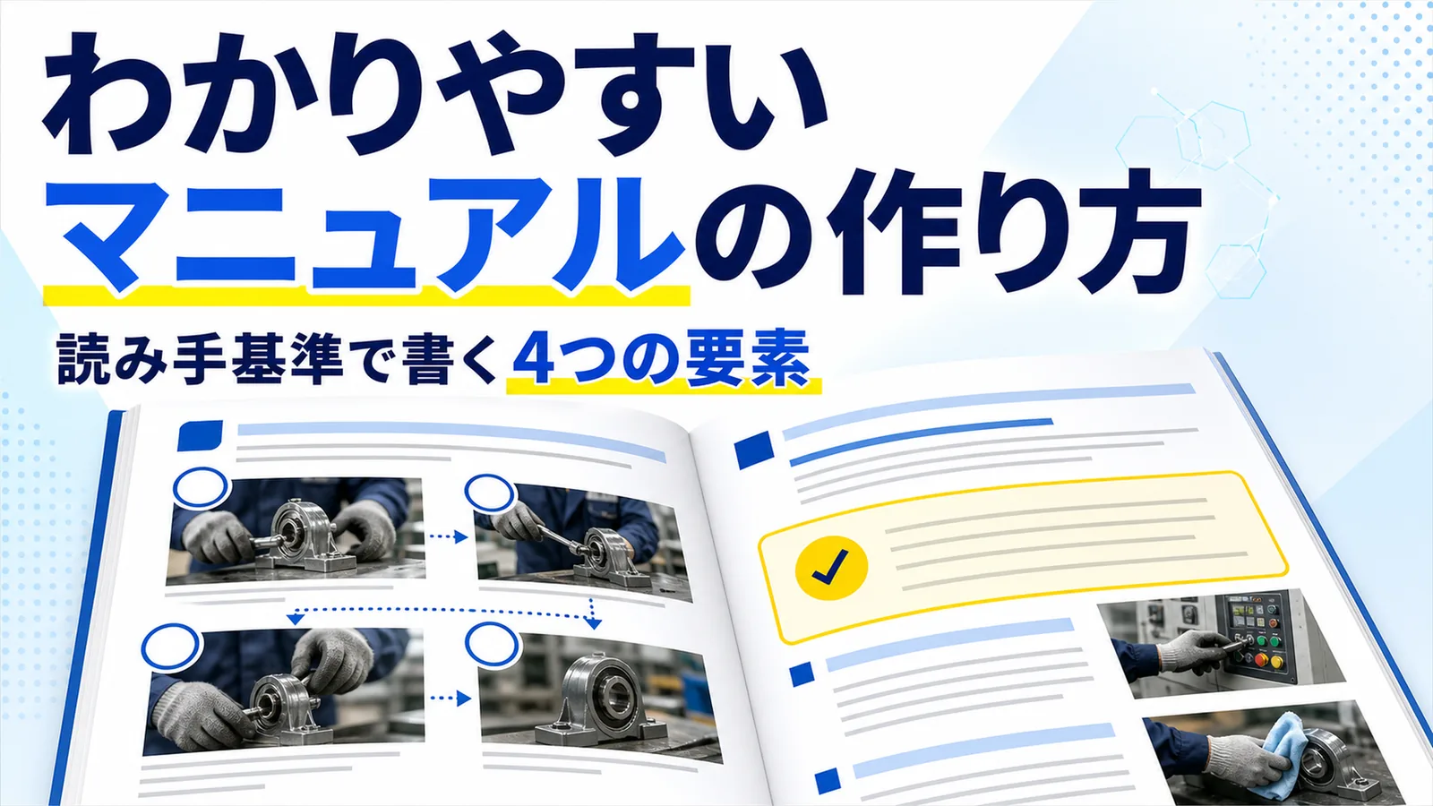 手順書のページに見出し・番号・写真が整理されて並ぶ、読みやすいマニュアルの図解