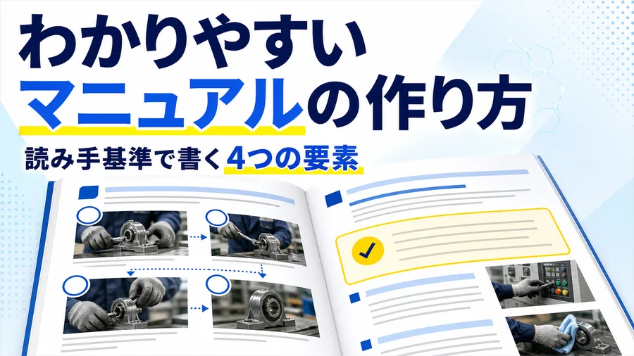 手順書のページに見出し・番号・写真が整理されて並ぶ、読みやすいマニュアルの図解