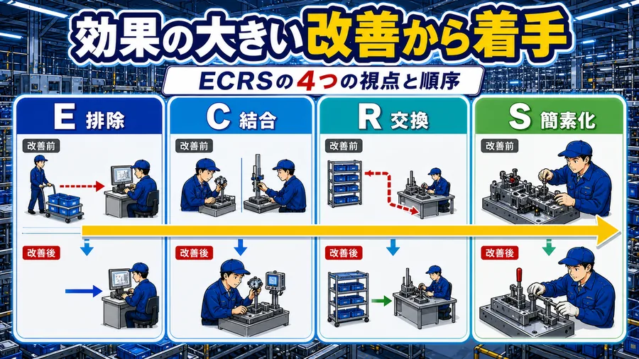 排除・結合・交換・簡素化という4つの視点を順番に当てはめて改善案を検討するECRSの図解