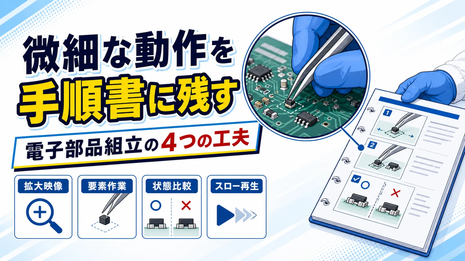 電子部品の組立作業を手元の拡大映像で撮影し、要素作業ごとに手順書へ落とし込む流れの図解