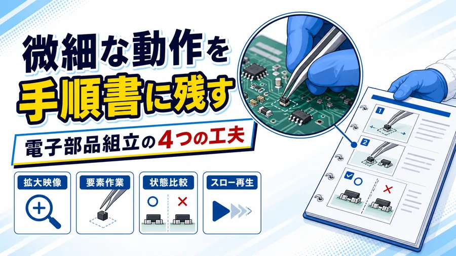 電子部品の組立作業を手元の拡大映像で撮影し、要素作業ごとに手順書へ落とし込む流れの図解