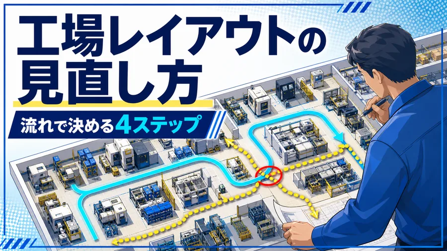 工場の平面図にモノと人の動線を書き込み、後戻りや交差を洗い出している図解