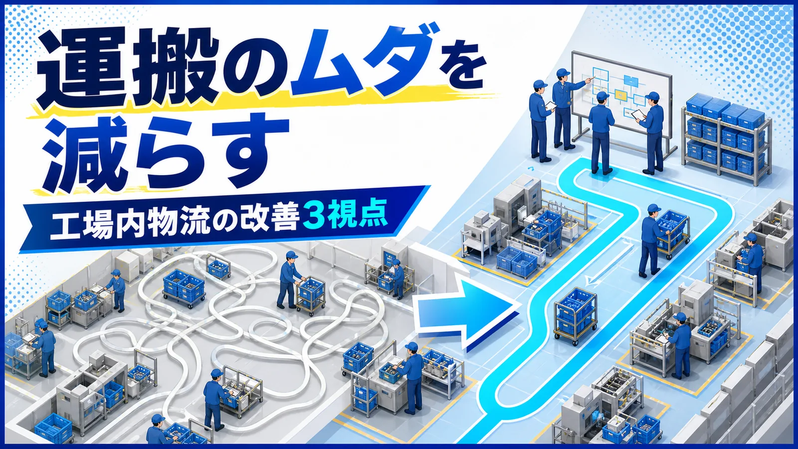 工場内の搬送ルートと容器・ロットサイズを見直して運搬距離を短くする図解