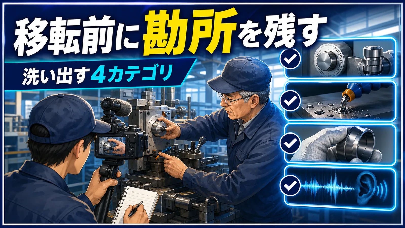 移転前の設備で段取り作業を撮影し、記録として残している現場の様子のイラスト