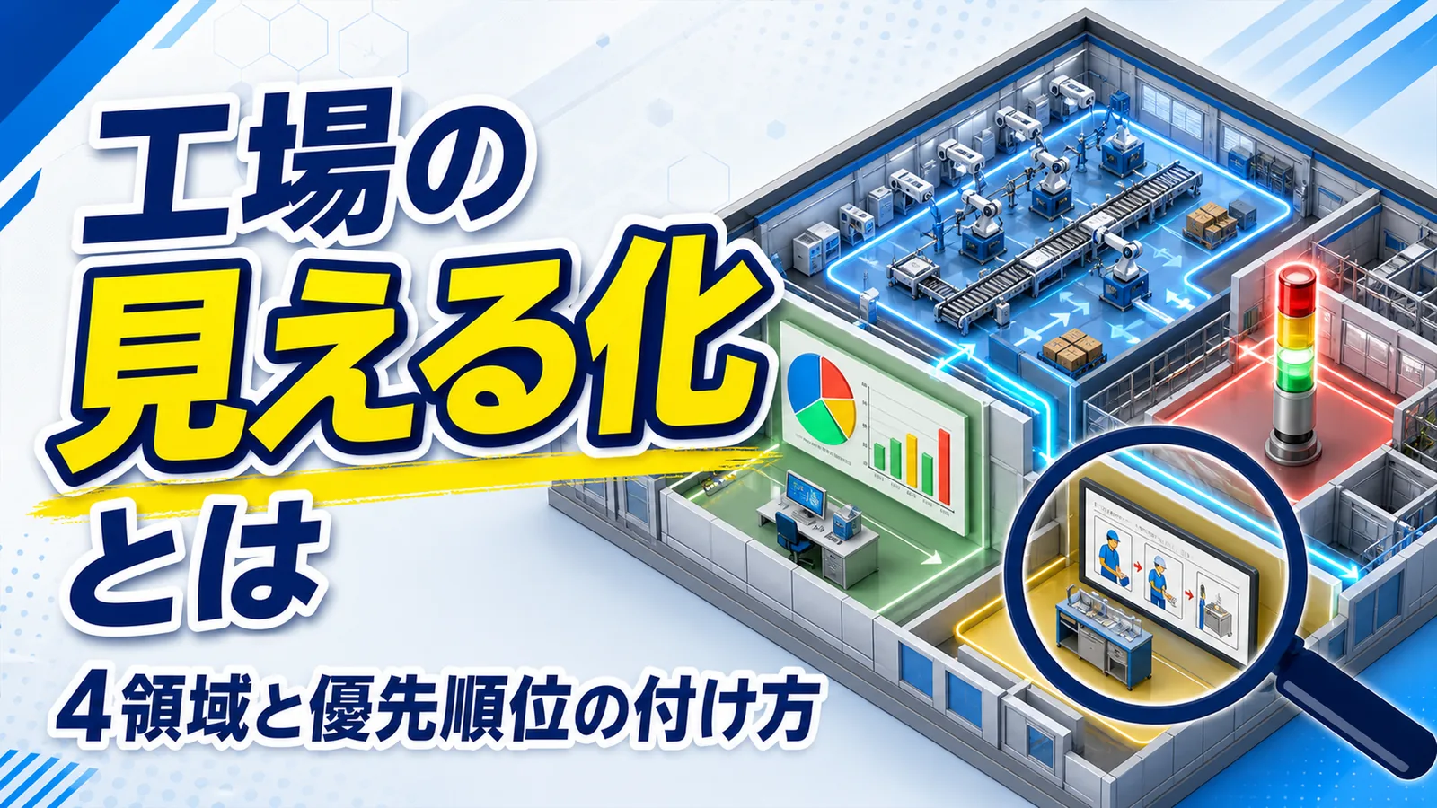 生産・品質・異常・設備と作業の4領域に分けて見える化の対象を示した図解