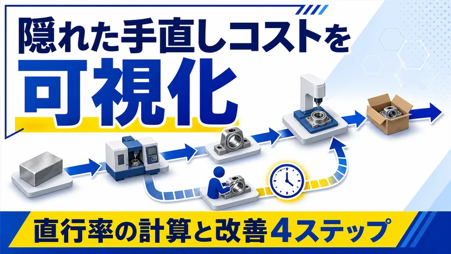 直行率の計算式と、歩留まりでは見えない手直しコストの可視化を表した図解