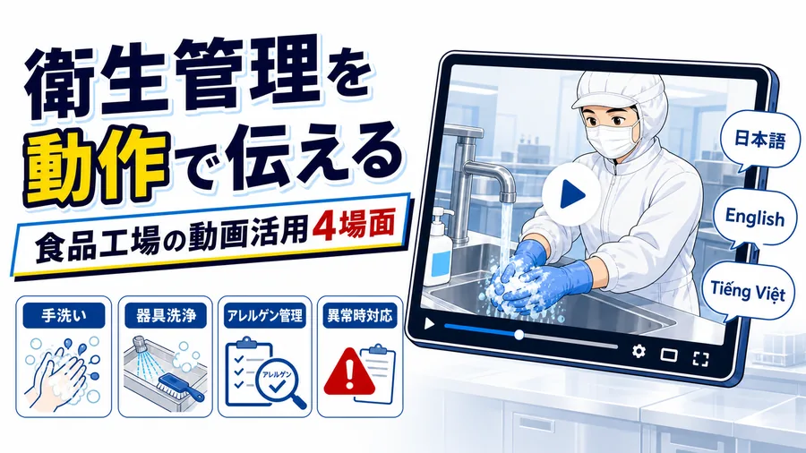 食品工場の手洗い手順を動画マニュアルで示し、多言語の字幕つきで学べる様子の図解