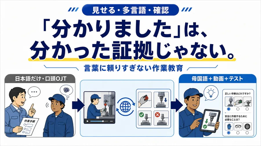 日本語だけの手順書と口頭OJTから、母国語・動画・理解度テストを組み合わせた外国人材教育へ変える流れを示すチラシ風の図解