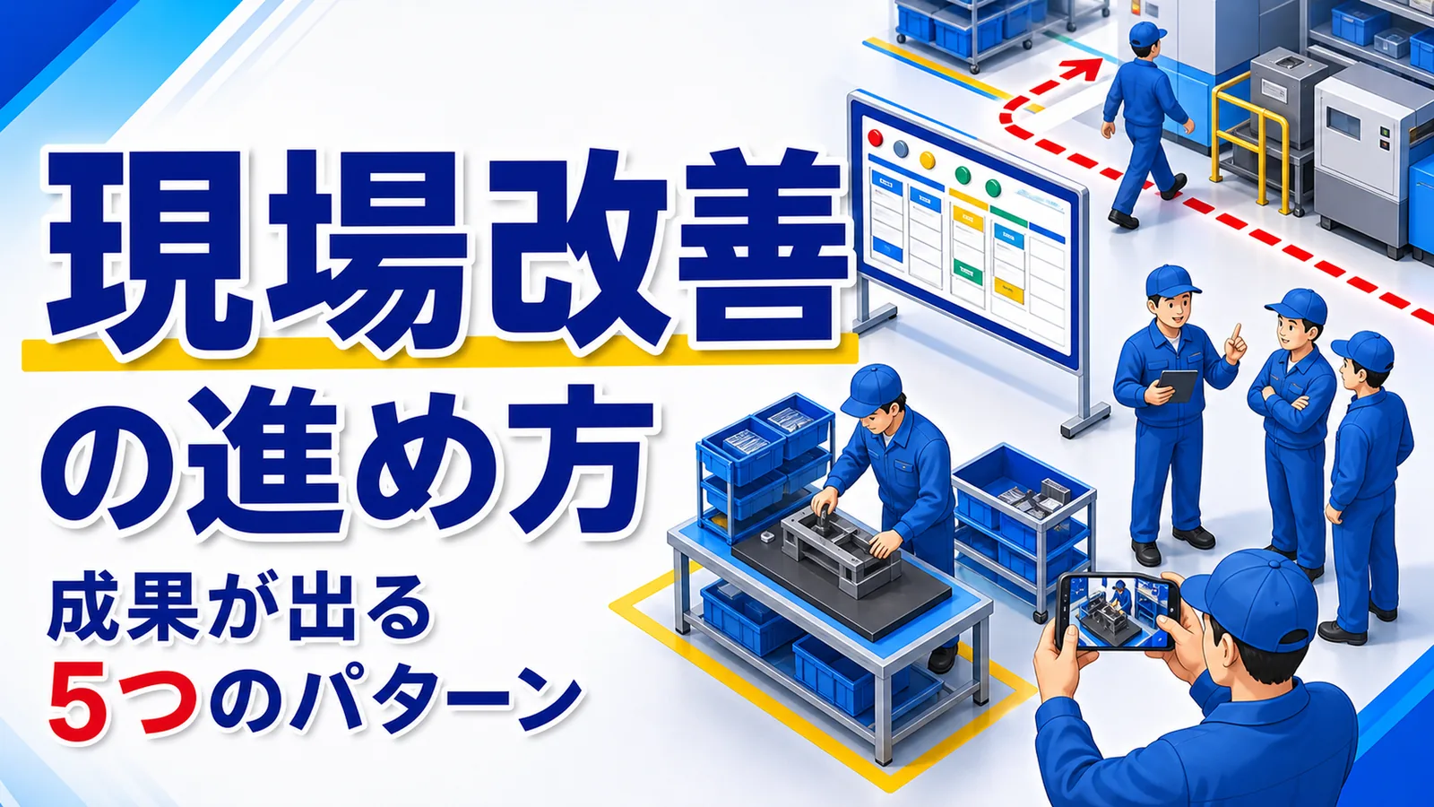 動線・見える化・標準化・小集団活動・動画活用の5つの改善パターンを並べた図解
