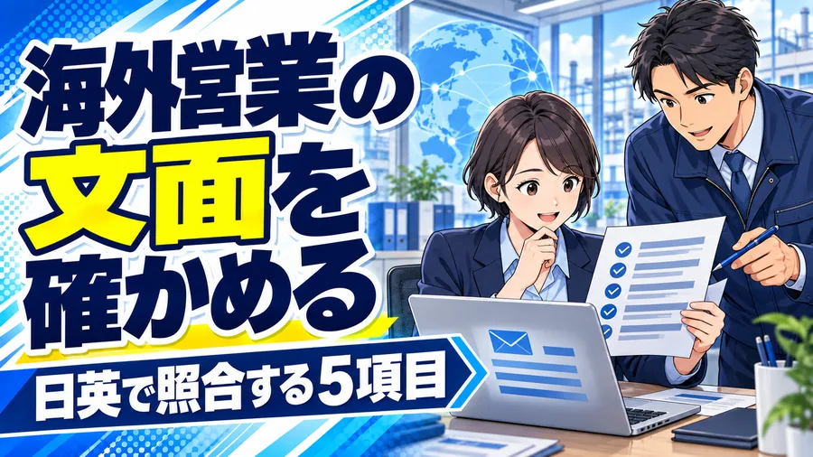 製造業の営業担当が日本語の承認事項と英文メールを並べ、確認担当と内容を照合するイラスト