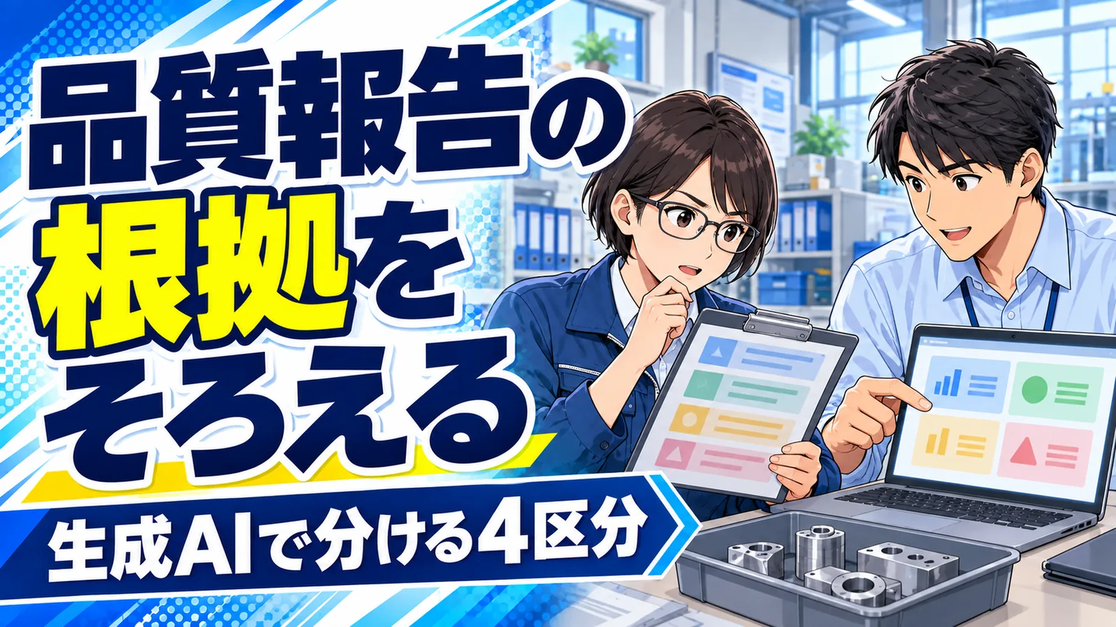 工場の品質担当者が記録を照合し、品質報告の根拠を整理するイメージイラスト