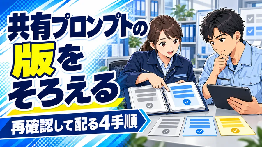 工場の事務担当者がPCの指示文と紙の確認資料を見比べるイメージイラスト