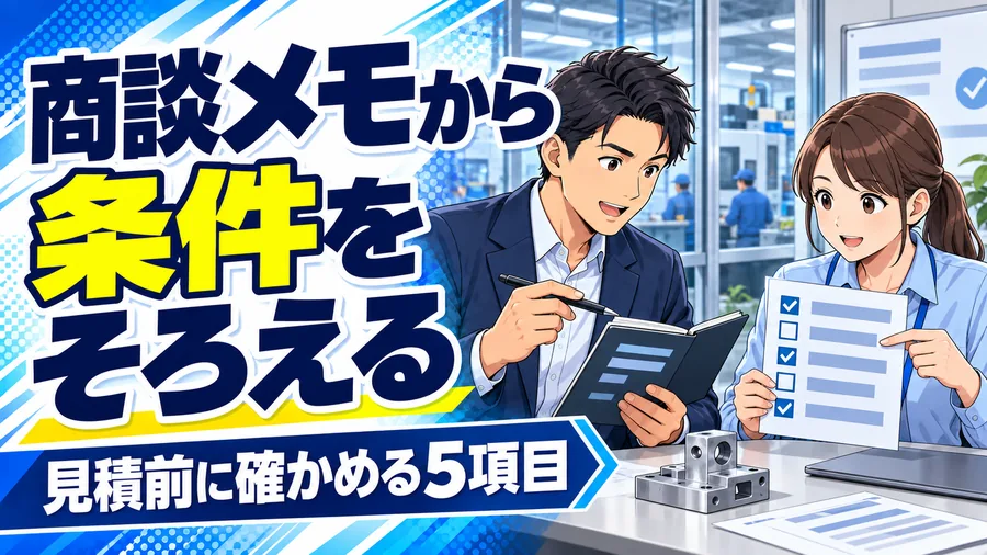 製造業の営業担当と技術担当が商談メモから仕様確認表を作り、未確認の条件を照合するイラスト