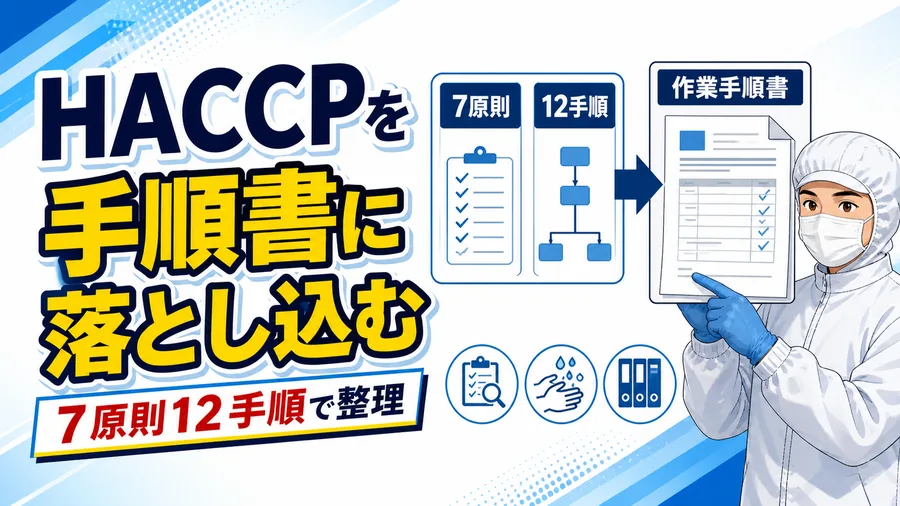 HACCPの7原則12手順と、重要管理点の管理基準を作業手順書に反映する流れを示した図解