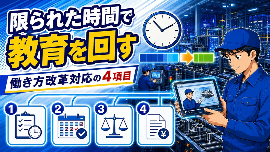 時間外労働の上限規制などの対応事項と、動画教材で交代制勤務でも教育時間を確保する現場の図解
