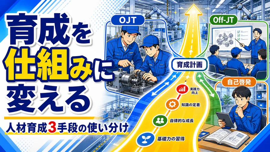 OJT・Off-JT・自己啓発という3つの育成手段と育成計画のステップを整理した図解