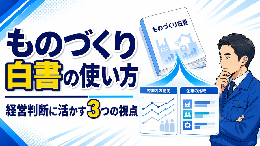 製造業の就業者数の推移グラフと、ものづくり白書を自社の判断材料として活用する流れを示した図解