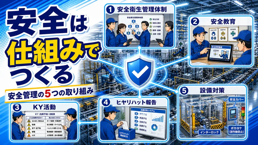 安全衛生管理体制・安全教育・KY活動・ヒヤリハット報告・設備対策を組み合わせた工場の安全管理の全体図