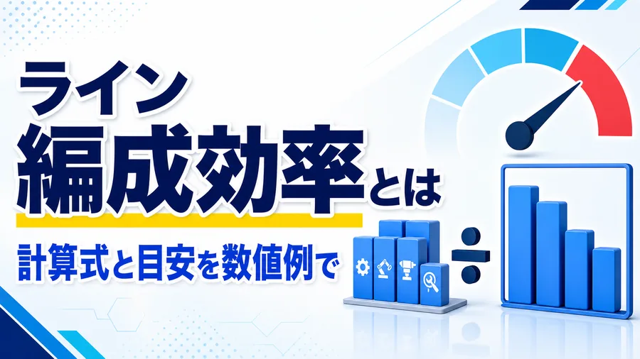 ライン編成効率の計算式と工程別作業時間のグラフを組み合わせた図解
