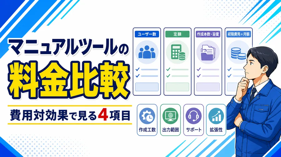 マニュアル作成ツールの課金モデルを並べ、費用対効果の観点で比較検討する図解