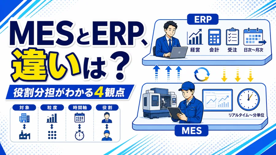 MESとERPが扱う情報の粒度と時間軸の違いを対比した図解