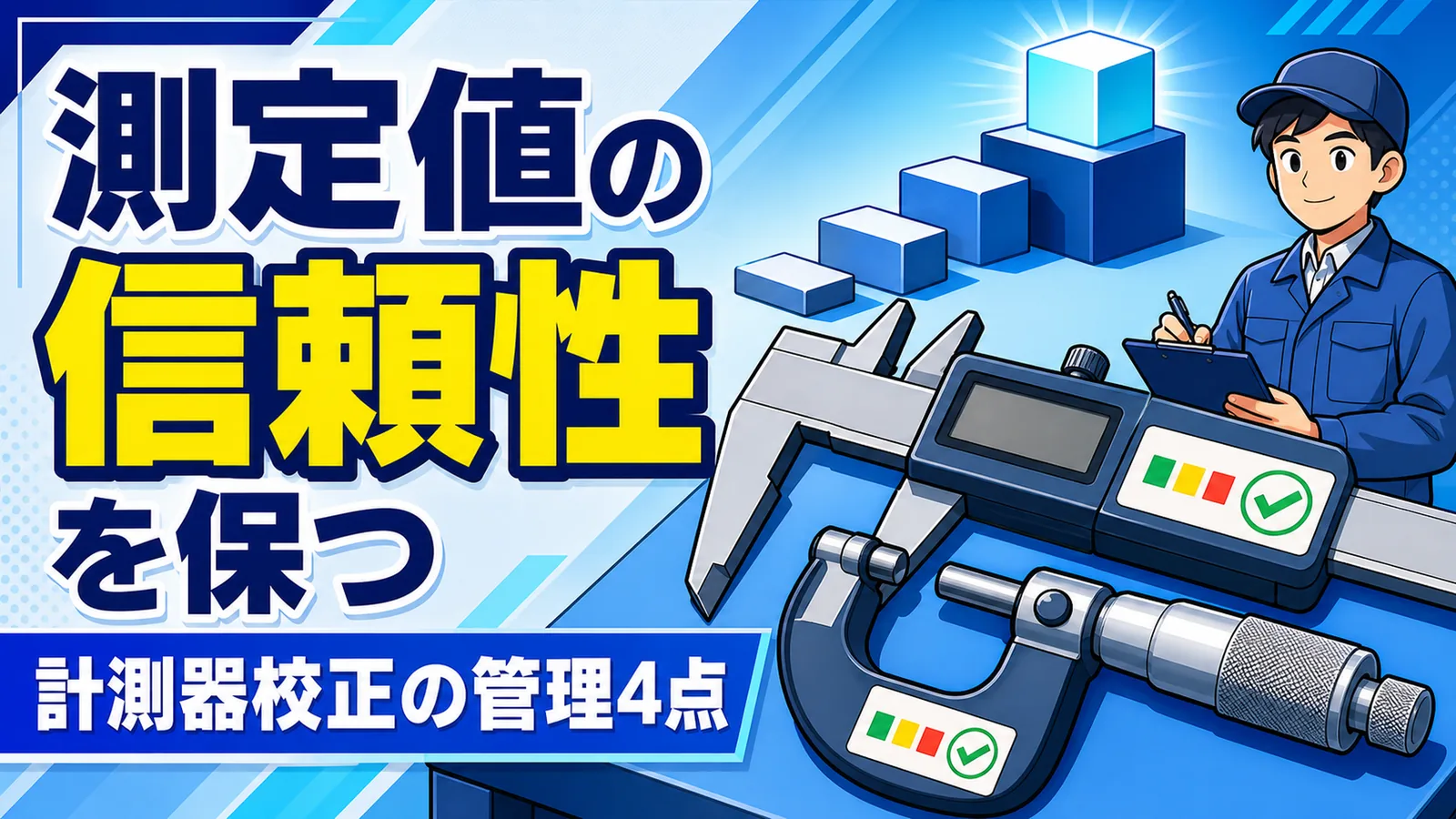 ノギスやマイクロメータの校正周期と校正記録、現場での校正状態表示を並べた図解