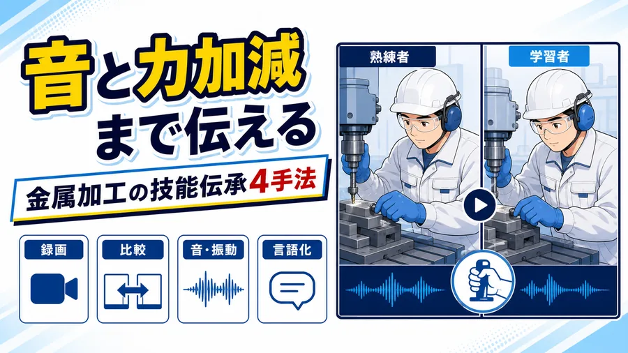 熟練者と新人の金属加工作業を並べて比較し、動作の違いを可視化した動画分析の図解