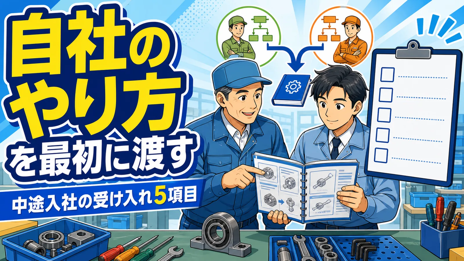 中途採用者が前職との手順の違いを標準作業手順書で確認している場面のイラスト