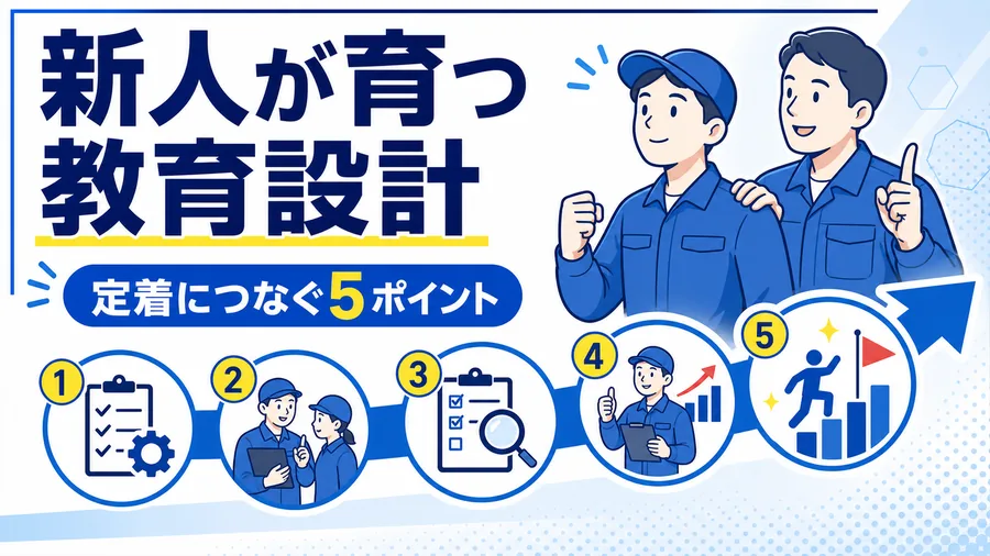 新人と指導者が5段階の育成ルートを進むイラストと「新人が育つ教育設計」「定着につなぐ5ポイント」のコピーを示したサムネイル
