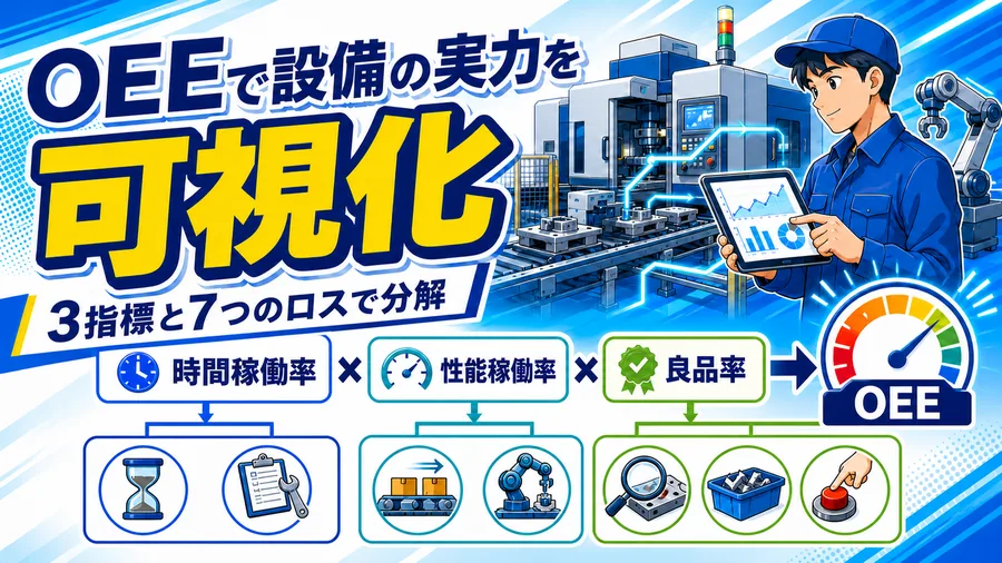 時間稼働率・性能稼働率・良品率を掛け合わせてOEEを算出する計算式の図解