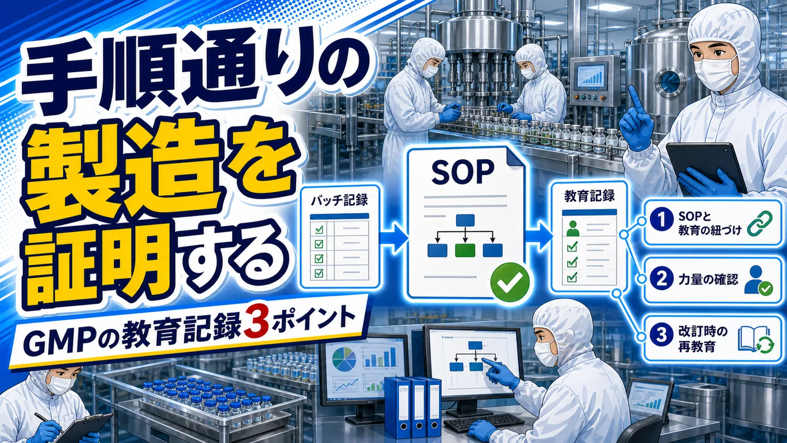 SOPの版と教育記録・改訂履歴を紐づけて管理するGMP文書体系の図解