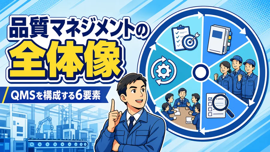 品質方針から文書管理・力量・内部監査・マネジメントレビューまでを並べたQMSの全体図