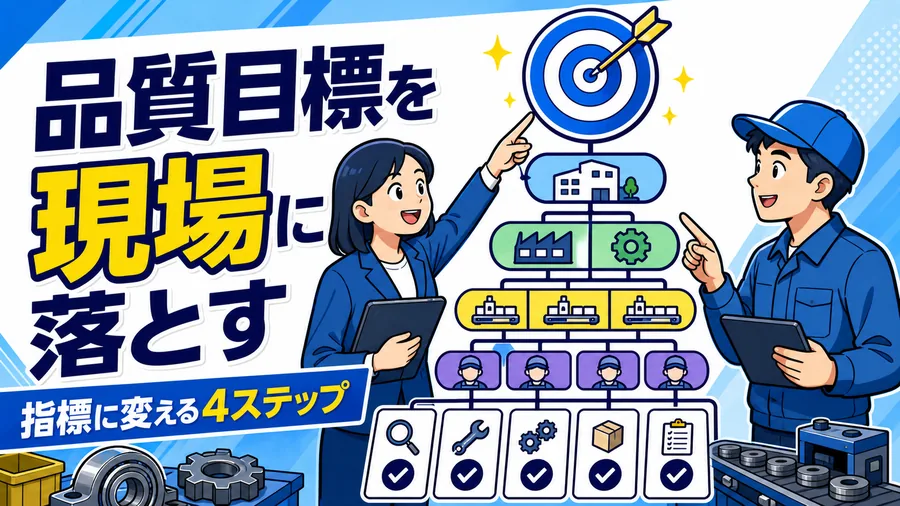 全社の品質方針をライン・シフト単位の結果指標と活動指標に分解していく図解