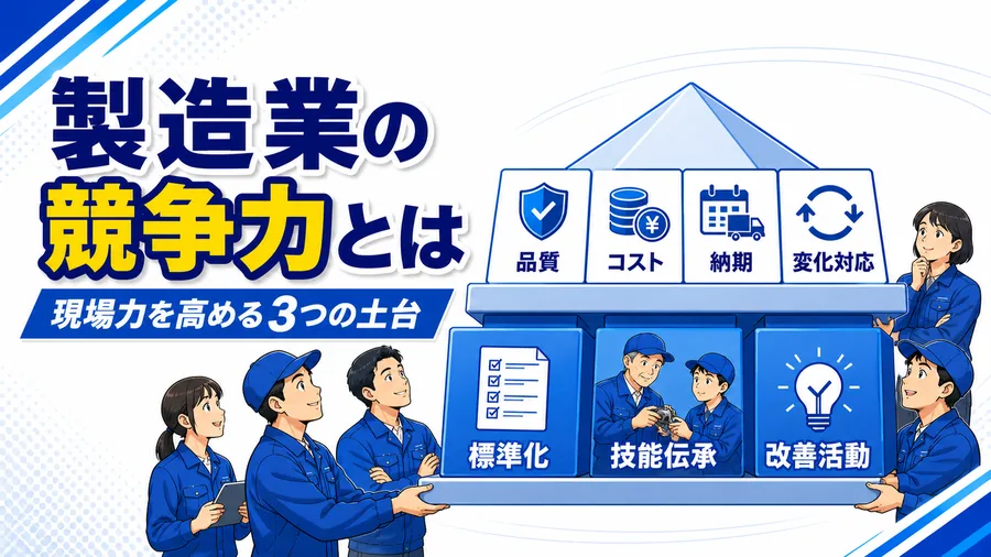 QCDと変化対応力という競争力の要素を、標準化・技能伝承・改善活動という現場力が下から支える構造の図解