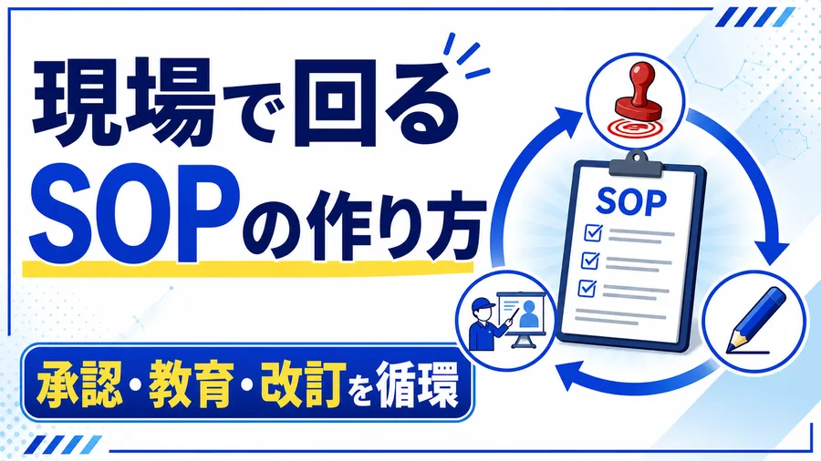 SOP文書を中心に承認・教育・改訂が循環するイラストと「現場で回るSOPの作り方」「承認・教育・改訂を循環」のコピーを示したサムネイル