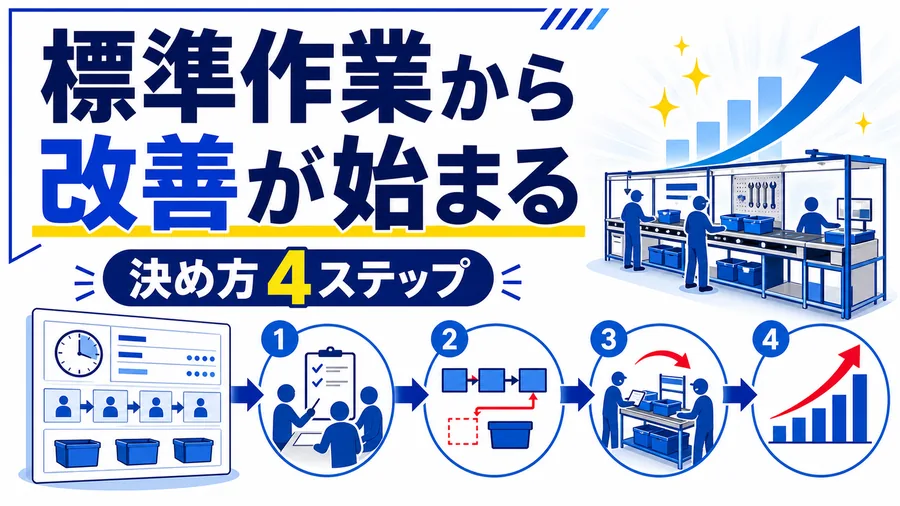 標準作業票から4段階の改善サイクルへ進むイラストと「標準作業から改善が始まる」「決め方4ステップ」のコピーを示したサムネイル