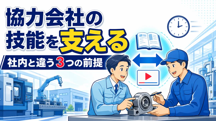 発注元の担当者が協力会社の現場で技術指導を行い、記録を残している場面のイラスト