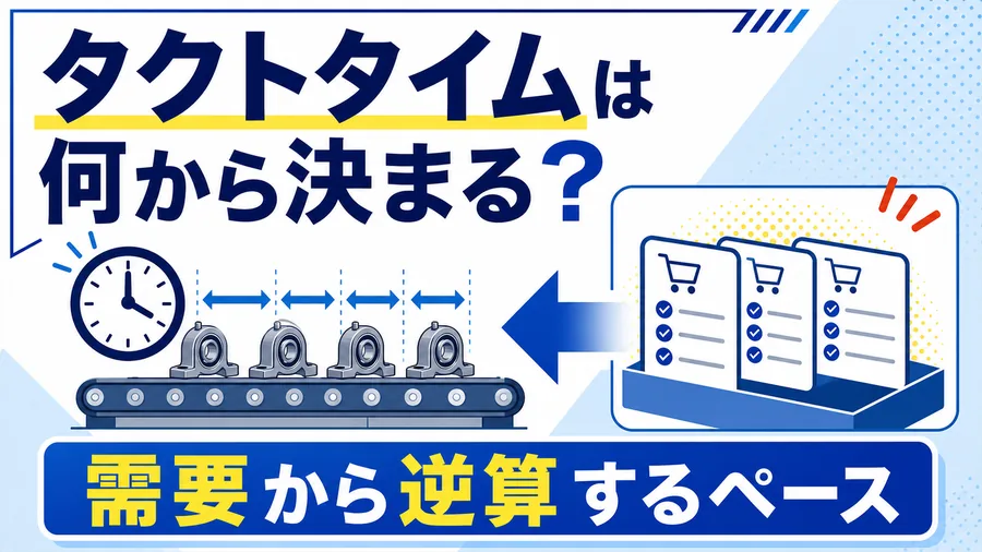 需要から時計と生産ラインへ逆算するイラストと「タクトタイムは何から決まる？」「需要から逆算するペース」のコピーを示したサムネイル