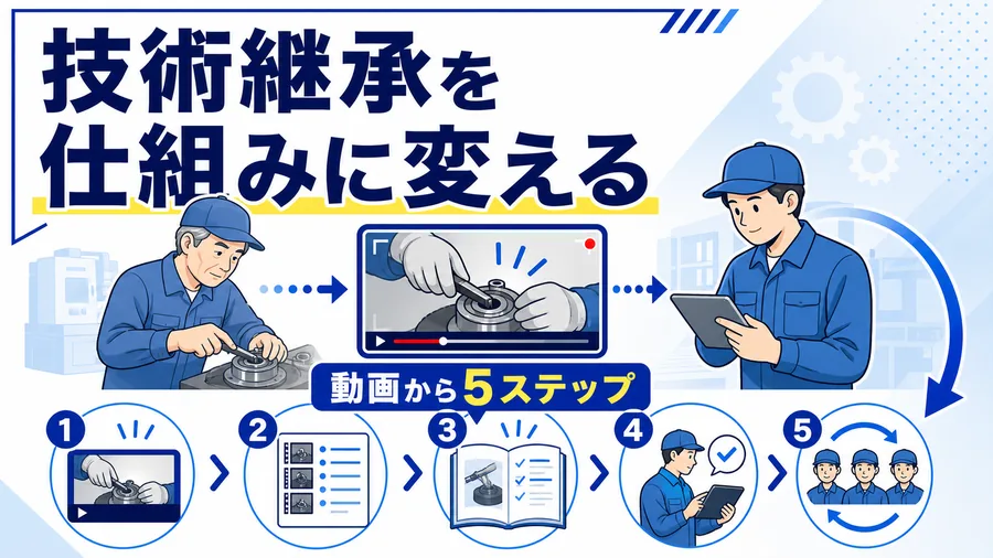 熟練者の作業を動画で記録し若手の教育へつなぐイラストと「技術継承を仕組みに変える」「動画から5ステップ」のコピーを示したサムネイル