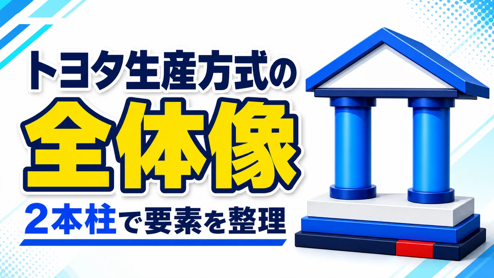 ジャストインタイムと自働化の2本柱に、7つのムダ・標準作業・平準化・かんばん方式を位置づけたトヨタ生産方式の全体図