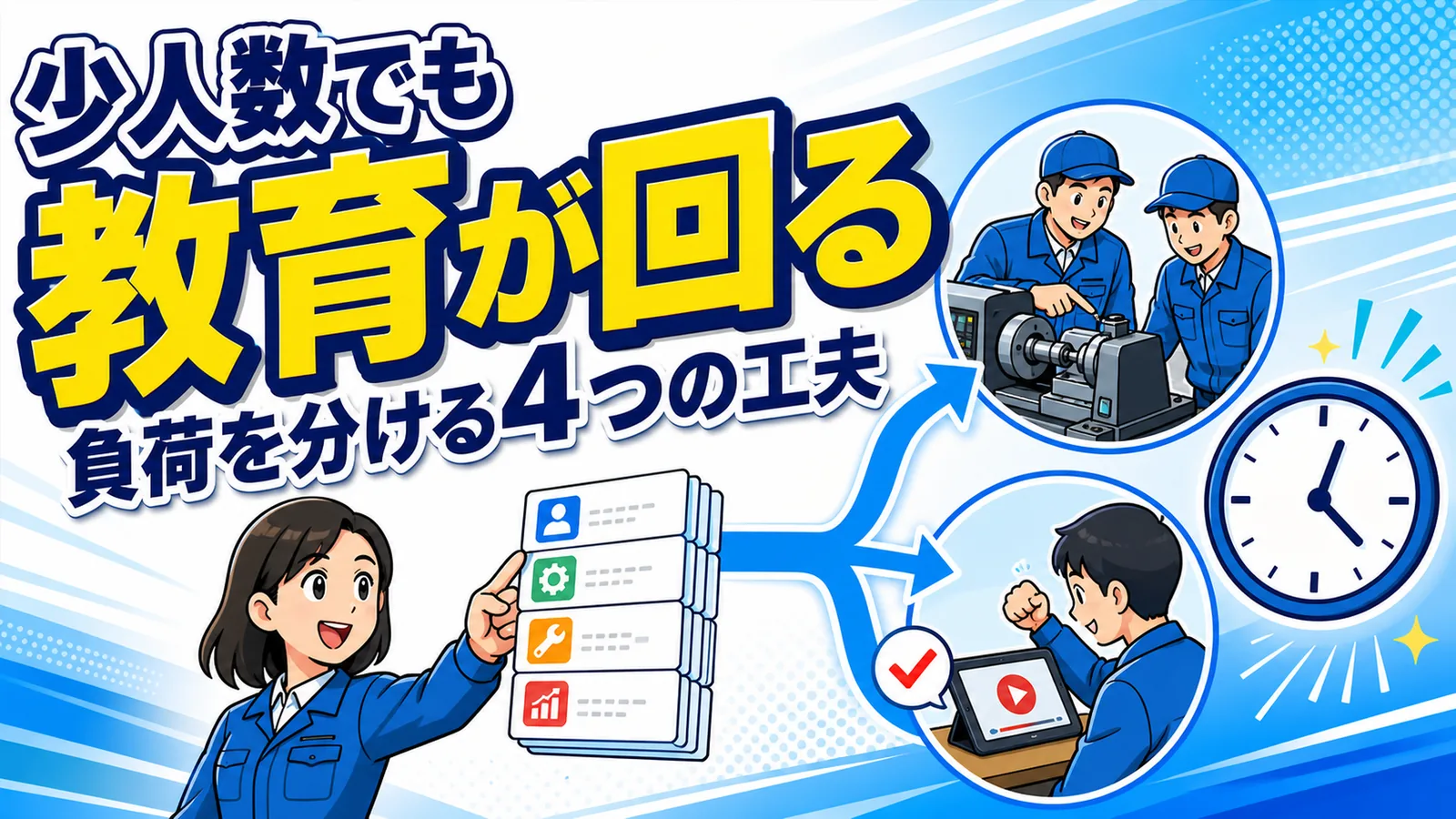 対面指導が必要な作業と自習教材で足りる作業を仕分けし、教育の負荷を分散する図解